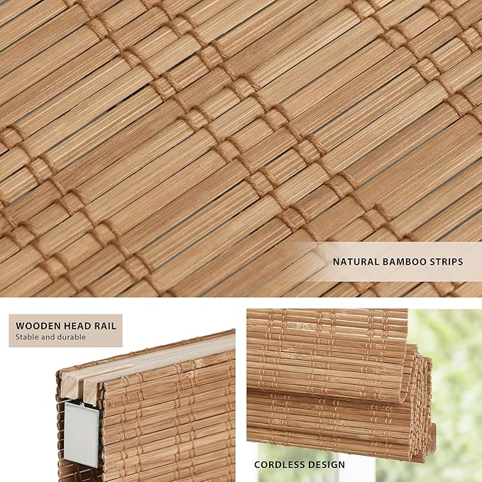 LazBlinds No Tools No Drill Cordless Bamboo Roman Shades, Light Filtering Window Treatment, Roll Up Bamboo Blinds for Windows 25'' W x 48'' H, Ceylon Light Russet