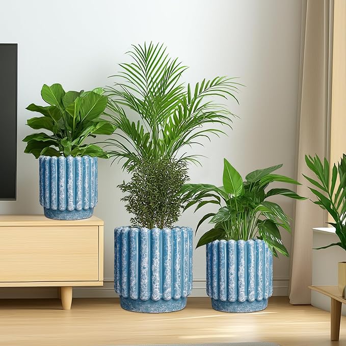 Ceramicfor Ceramic Planter, 7.6 Inch, Blue | Drainage Hole, Fluted Round Design, Indoor Outdoor Use, Decorative Flower Pot