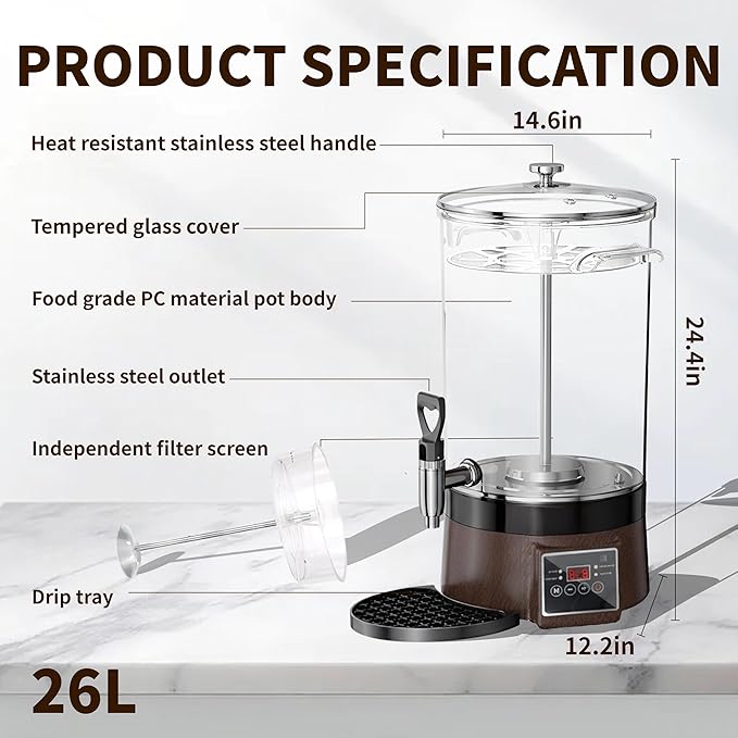 Commercial Coffee Urn Hot Beverage Dispenser Coffee Maker, Food-grade Plastic 26 L 170 Cups, Hot Chocolate Machine, Electric Percolator for Catering Hot Water for Hot Cocoa, Drink, Tea, Juice