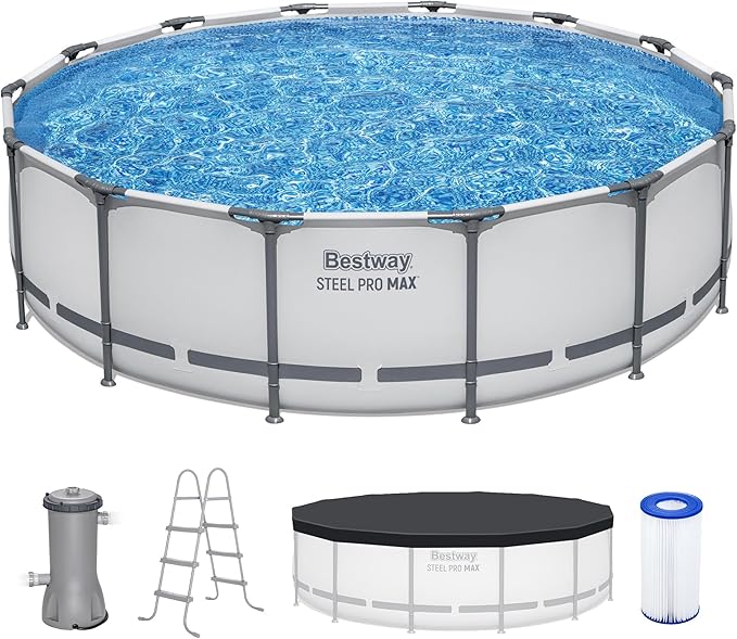 Bestway Steel Pro MAX 14' x 42" Above Ground Pool, Round Metal Frame Outdoor Swimming Pool Set with Filter Pump, Ladder, and Cover, Gray