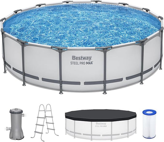 Bestway Steel Pro MAX 14' x 42" Above Ground Pool, Round Metal Frame Outdoor Swimming Pool Set with Filter Pump, Ladder, and Cover, Gray