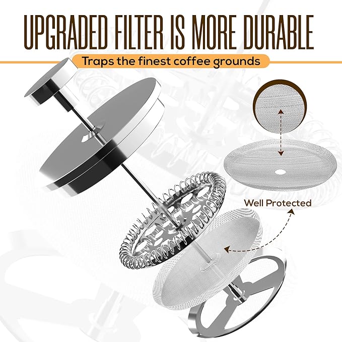 Utopia Kitchen 304 Grade Stainless Steel French Press Coffee Maker 12 Oz, Double Wall Insulated Coffee Press with 4-Level Filtration system, Include 2 Extra Filters, Rust-Free, Dishwasher Safe, Silver