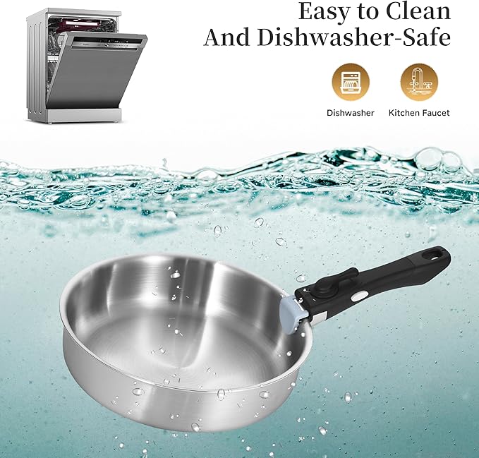 Inqibee Tri-Ply Stainless Steel Cookware Set with Removable Handle, Detachable Handle 10 Inch Deep Frying Pan, 3 QT Sauté Pan with Lid, Induction Kitchen Cooking, Dishwasher and Oven Safe