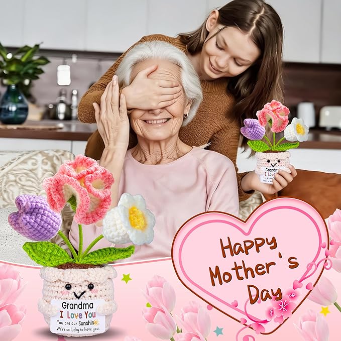 Mothers Day Birthday Gifts for Grandma, Grandma Gifts from Grandkids, Mother's Day Birthday Gift for Nana Grandmother GaGa, Cute Handmade Crochet Tulip 3 Flowers Pot Doll I Love You Present for Gigi