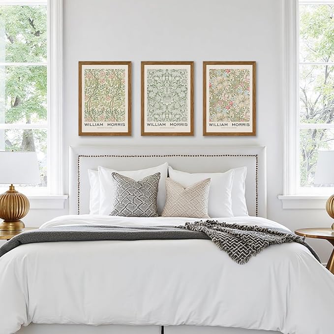 JLTULT 3 Piece Wood Frames Vintage Floral Canvas Wall Art, William Morris Flower Pattern Wall Decor, Nature Botanical Picture Artwork Prints for Living Room Bedroom Office 16x24 inch Easy to Hang
