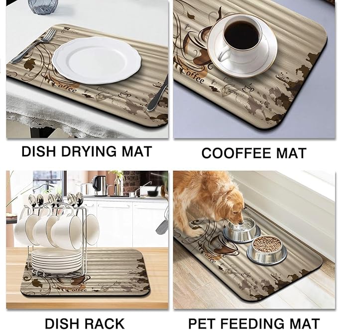 Coffee Bar Mat Accessories for Countertop - Super Absorbent Anti-Slip Silicone Flower Dish Drying Mats for Kitchen Counter - Draining Pad Decor Gift Fit Maker Pot Espresso Machine 24inx18in