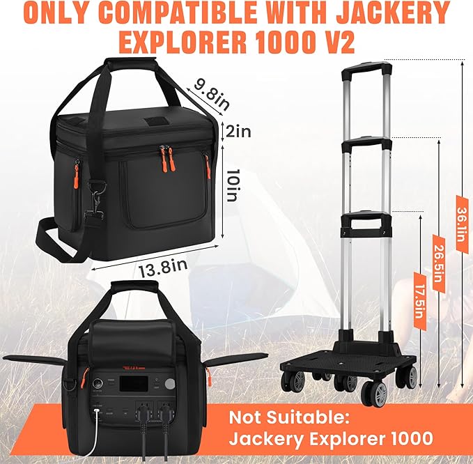 Carrying Bag with Wheels Compatible with Jackery Explorer 1000 V2, Soft Portable Power Station Storage Case, Powerstation Roller Bag with Wheels and Side Zipper, Multi-Pocket, Shoulder Strap