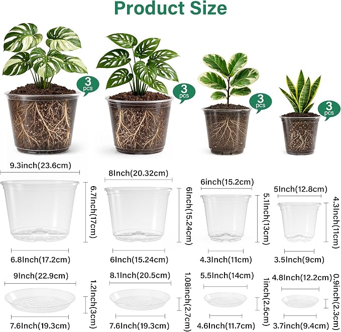 Bluepro Clear Nursery Pots with Saucers, 5/6/8/10 Inch, 12-Pack | Clear PET, 3 Each of Four Large Sizes, Drainage Holes, Root and Moisture Visibility, Indoor Plant Care, Repotting