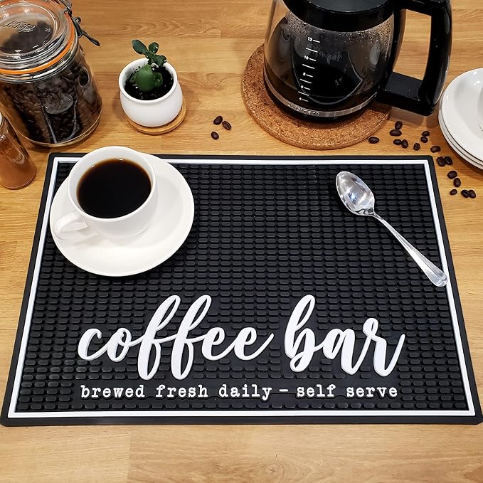 New Mungo Coffee Bar Mat – “Coffee Bar - Brewed Fresh Daily - Self Serve” – Spill-Proof PVC Coffee Station Mat, Non-Slip Countertop Protector 18"x12"