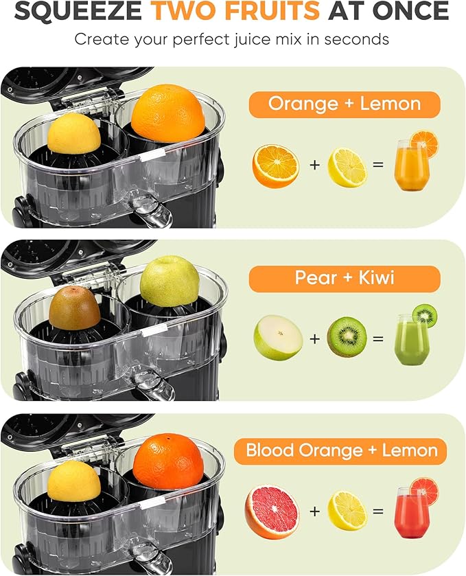 Electric Orange Juicer, Dual-Head Citrus Juicer Squeezer with Power Cord & Cleaning Brush, Built-in Cutter, One-Touch Automatic Electric Juicer Machine for Orange, Lemon and Grapefruit, Black