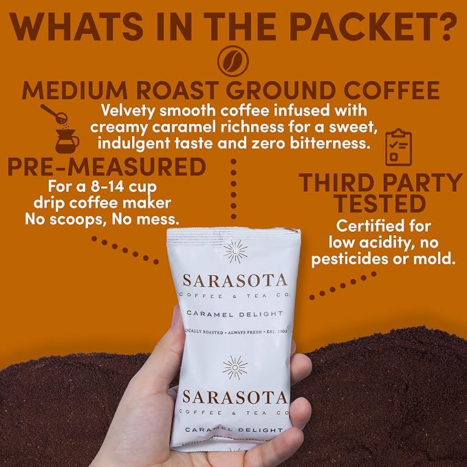 Coffee Packets – Salted Caramel Flavored Ground Coffee Packs | Gourmet Medium Roast, Low Acid Mold Free Pre-Measured Pouches for 12 Cup Brewers | 2 oz Single-Pot Bags, 36 Count – Sarasota Coffee