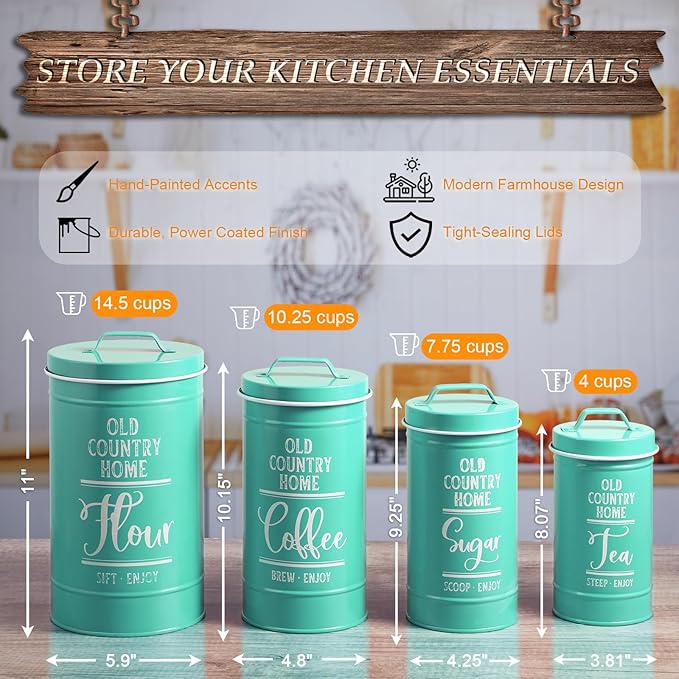 DAYYET Teal Canisters for Kitchen Counter, Airtight Kitchen Canisters for Countertop, Flour and Sugar Containers, Tea Coffee Sugar Canister Set, Turquoise Kitchen Decor and Accessories, Set of 4