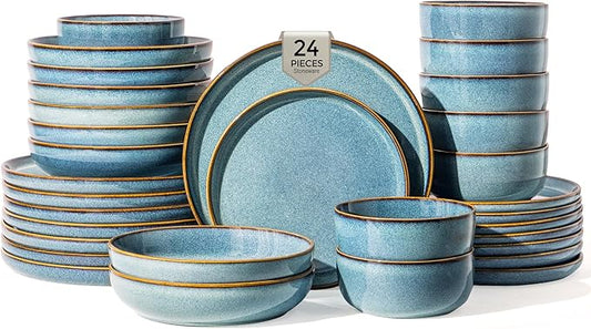 GBHOME 24 Pieces Double Bowls Ceramic Dinnerware Sets for 6, Stoneware Plates and Bowls Set with Reactive Glaze, Scratch Resistant Stoneware Dishes Set, Dishwasher & Microwave Safe