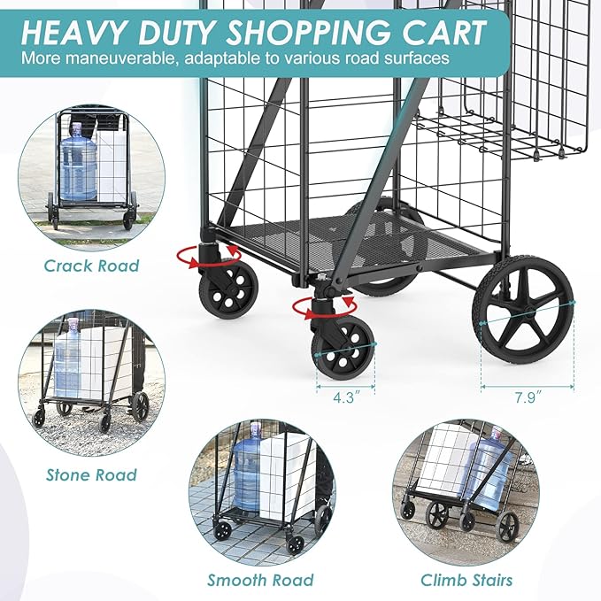 Upgraded Shopping Cart for Groceries,330LBS Jumbo Grocery Cart with Waterproof Liner, 360° Rolling Swivel Wheels and Double Basket, Heavy Duty Folding Shopping Carts for Laundry Transport