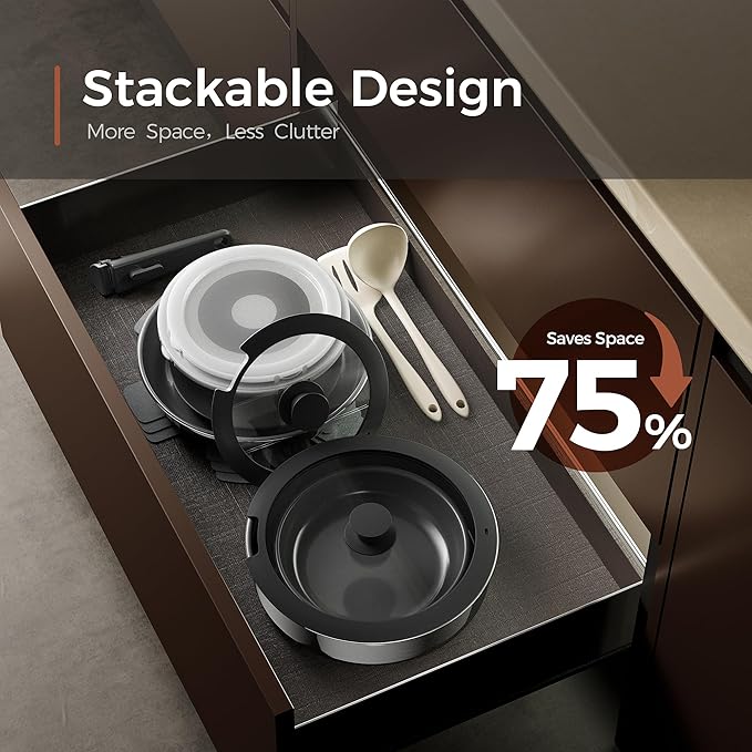 16pcs Nonstick Cookware Set, Diamond-Titanium Ceramic Coating & 3 Layer Stainless Steel Pots and Pans Set with Detachable Handle, Dishwasher Safe, Induction Compatible, Oven Safe, Black