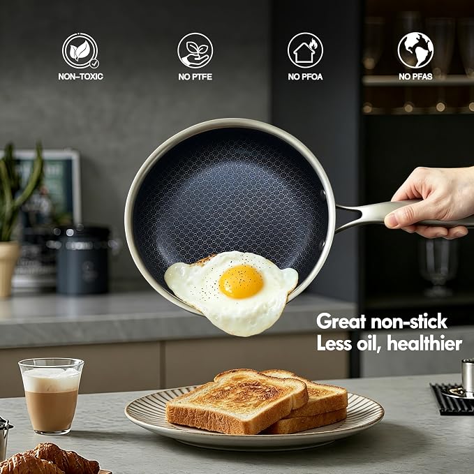 BRASA Nonstick Frying Pan 11.81-inch,Tri-Ply Stainless Steel Skillet,Honeycomb Ceramic Coating, Induction & All Cooktop Compatible,Dishwasher safe (PFOS, PFOA Free)(11.81 in+5.9 in trivet)
