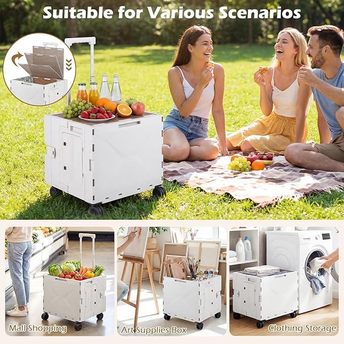 Goplus Foldable Utility Cart, Portable Rolling Crate Handcart with 4 Rotate Wheels, Telescoping Handle, Lid & Cup Holder for Travel, Shopping, Luggage, Grocery, Office & Teacher (White)
