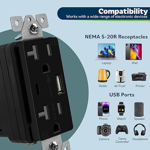 TOPGREENER 2-Port USB Outlet, Type C USB Wall Outlet, 20 Amp TR Receptacle Plug, Charging Power Outlet with USB Ports, Wall Plate Included, UL Listed, TU22036AC-BK-6PCS, Black, 6Pack