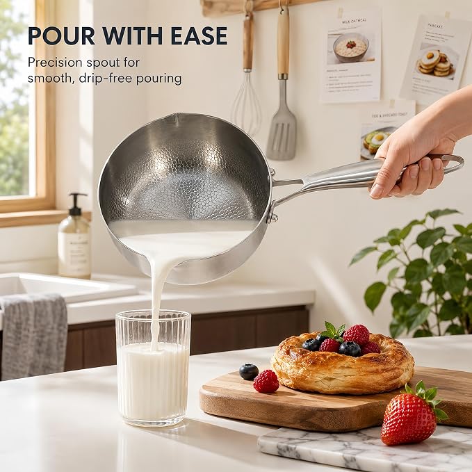 Titanium Saucepan with Lid, No Coating Non-Stick Titanium Pot（1.5 QT) | 500°F Heat Resistant, Fast & Even Heating, Universal Induction Gas Electric Glass Halogen Cooktops, Dual-Pour Spouts Design