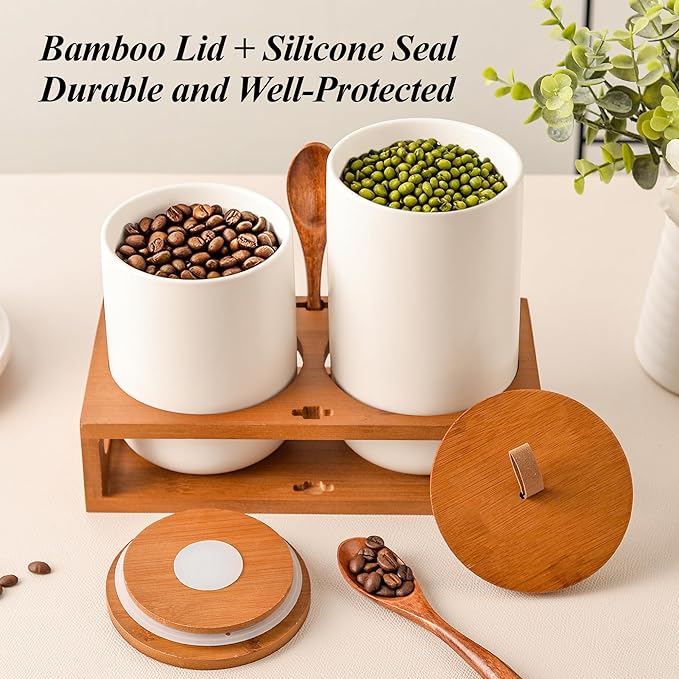 White Ceramic Canister Set of 2 with Bamboo Lids, Wooden Stand & Spoons – 35oz & 28oz Airtight Food Storage Jars for Coffee, Sugar, Tea, Kitchen Counter Organizer