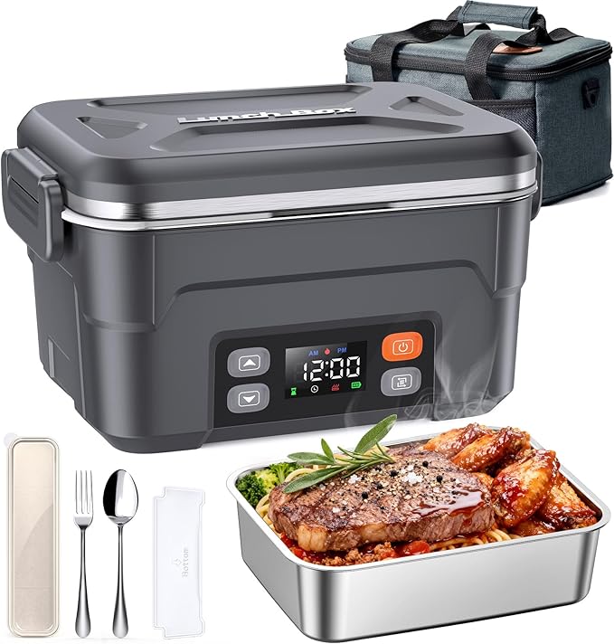 EAST OAK XL 6.3-Cup/1.5L Cordless Electric Lunch Box for adults, Electric Lunch Box Food Heater with Smart Timer, 220°F Stainless Steel Container for Work Outdoor,Standard Gray