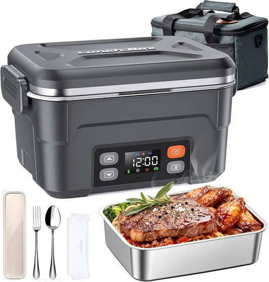 EAST OAK XL 6.3-Cup/1.5L Cordless Electric Lunch Box for adults, Electric Lunch Box Food Heater with Smart Timer, 220°F Stainless Steel Container for Work Outdoor,Standard Gray