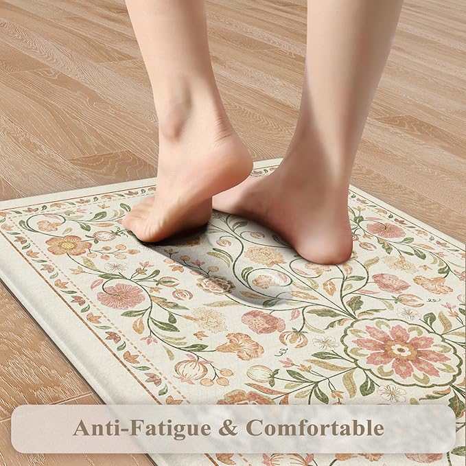 KIMODE Cushioned Kitchen Floor Mats Cushioned Anti Fatigue,Farmhouse Boho Floral Kitchen Runner Rug 2 Piece,Long Memory Foam Standing Carpet for Laundry Sink Office,Beige