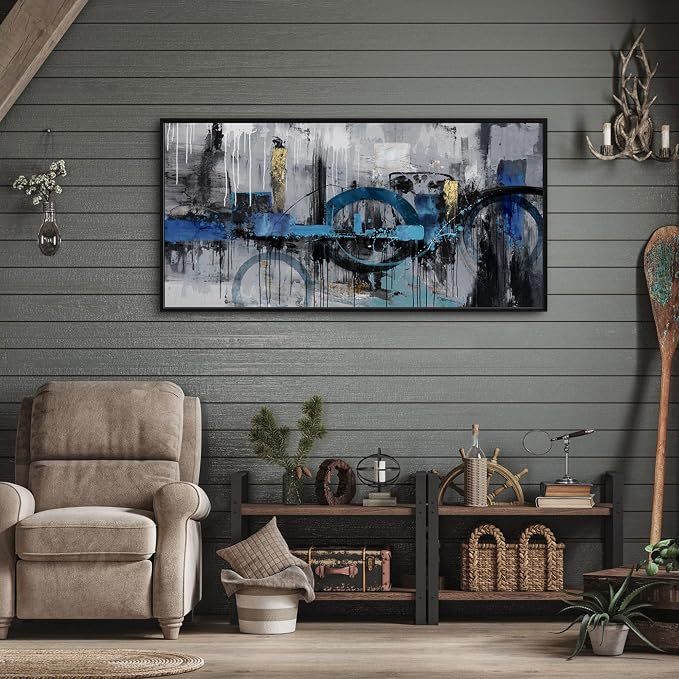 KLAKLA Abstract Wall Art - Blue and Gray Pictures Canvas Artwork for Living Room Bedroom Horizontal Black Framed Above Bed Wall Decor - 24x48