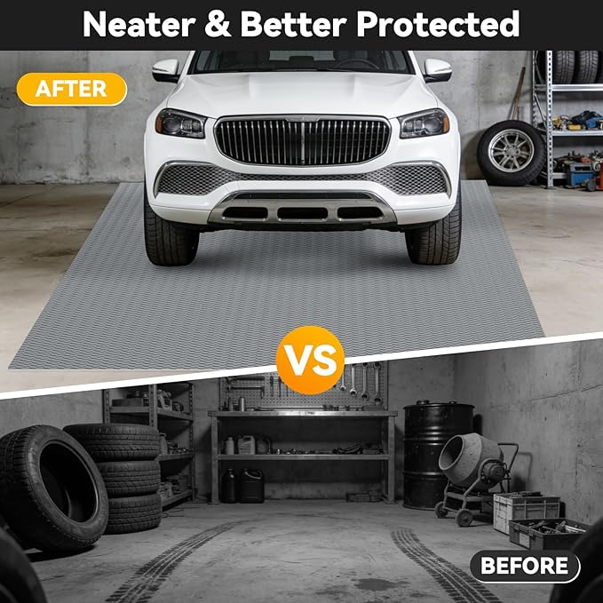 Grandroad auto 8x20 FT Garage Floor Mat, 2.8mm Thickened Flooring Roll for Under Car Diamond Plate PVC Rubber Mat with 20 Pcs Tapes, Non-Slip Floor Mat for Garage, Warehouse, Gyms, Trailer, Gray