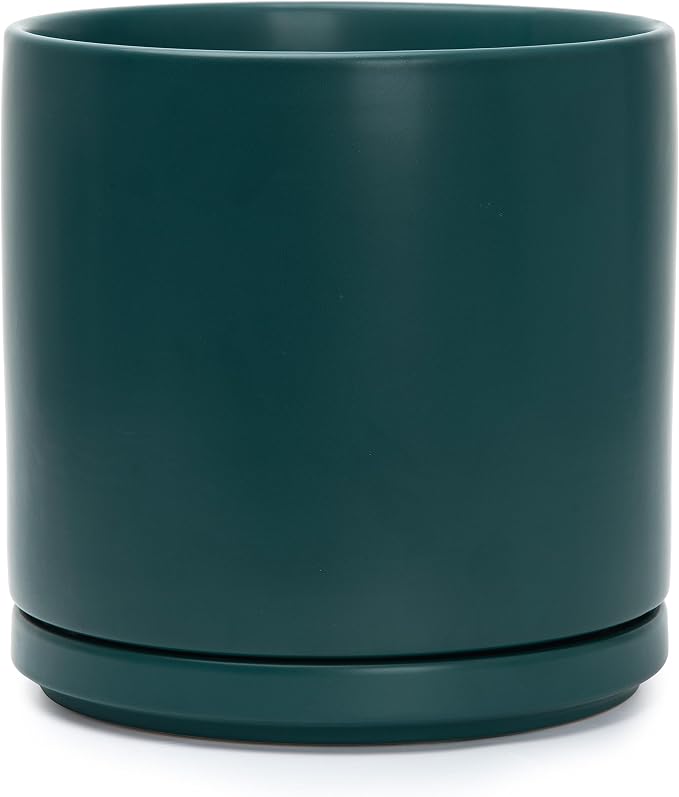 D'vine Dev 10 Inch Ceramic Planter Pot, Teal, 94-O-E-9 | Modern Cylinder Design, Drainage Hole & Saucer Included, Stable Structure, Elegant Home Accent