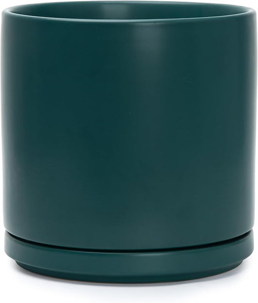 D'vine Dev 10 Inch Ceramic Planter Pot, Teal, 94-O-E-9 | Modern Cylinder Design, Drainage Hole & Saucer Included, Stable Structure, Elegant Home Accent