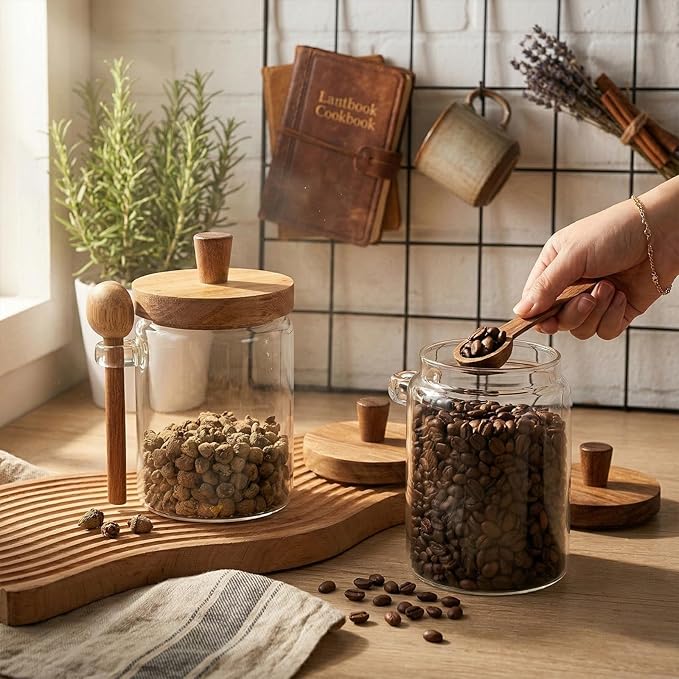 6 Pcs Coffee and Sugar Container Set, 20 oz Glass Coffee Jars with Wooden Lids and Scoops, Loose Leaf Tea Storage Canister Decorative Sugar Tea Creamer Canisters for Kitchen Countertop