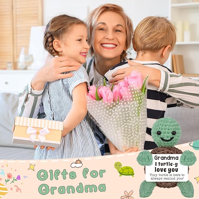 Mini Funny Turtle Grandma Gifts Mothers Day Birthday Gifts for Grandma from Granddaughter Grandson Grandkids, Nana Gigi Love Small Cute Stuff Things, Handmade Emotional Positive Crochet Turtle