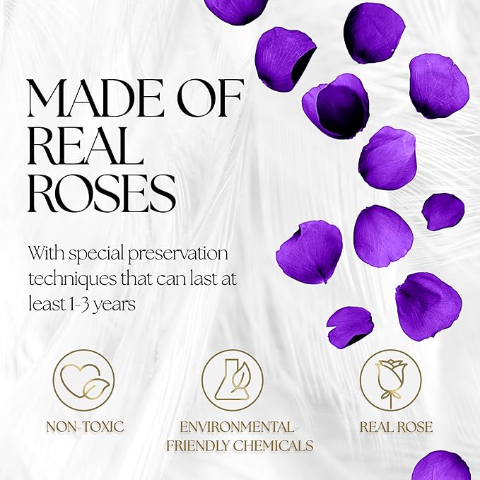GLAMOUR BOUTIQUE 27 Flower Forever Heart Shape Box, Eternal Preserved Roses Gift for Her, Lasting Flowers, Premium Floral Heart Box for Birthday, Anniversary or Valentine’s Day, Purple (Color-Treated)
