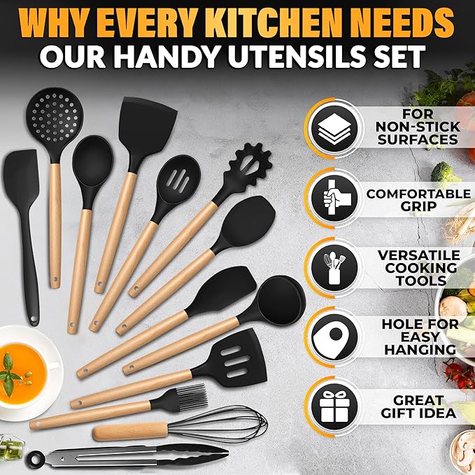 14 Pcs Black Kitchen Utensils Set with Holder for Nonstick Cookware - Silicone Cooking Utensils Set, Kitchen Tools for Daily Cooking - Wooden Handle Cooking Tools for Baking Serving and Mixing Tasks