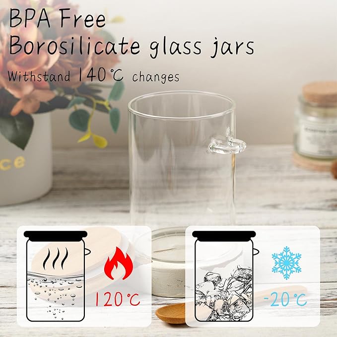 Glass Sugar Container with Spoon - 2 Pack 15oz Glass Jars with Bamboo Lid and Spoon, Bamboo Lid Storage Jar Canister for Coffee Beans, Spice, Brown Sugar, Tea, Flour, Nuts, Candy, Salts and More