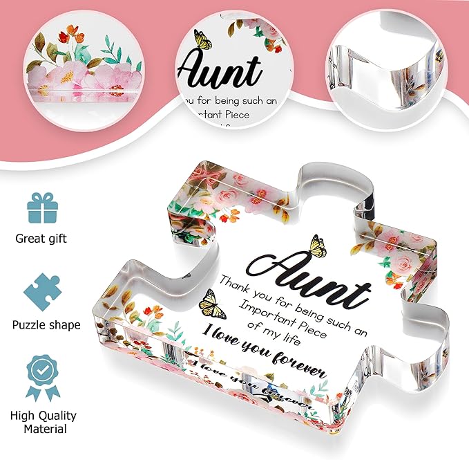 VELENTI Aunt Gifts from Niece - Engraved Acrylic Block Puzzle Piece - Cute Auntie Present with Lovely Saying Paperweights - Fancy Favorite - Birthday, Christmas, Mothers Day - Chic Decoration