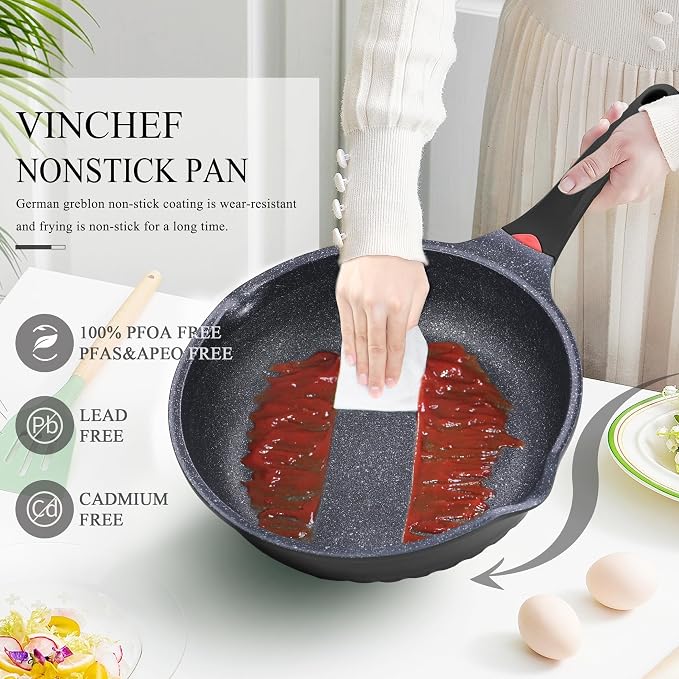 Vinchef 12.5Inch Black Deep Nonstick Skillet with Lid | Cooktop Compatible,deep fry pan, temp indicator,Anti-scratch,anti-stain,induction-ready.Durable,great for sauté frying