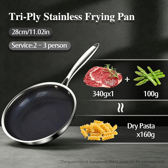 BRASA Nonstick Frying Pan 11.02-inch,Tri-Ply Stainless Steel Skillet,Honeycomb Ceramic Coating, Induction & All Cooktop Compatible,Dishwasher safe (PFOS, PFOA Free)(11.02 in+5.9 in trivet)