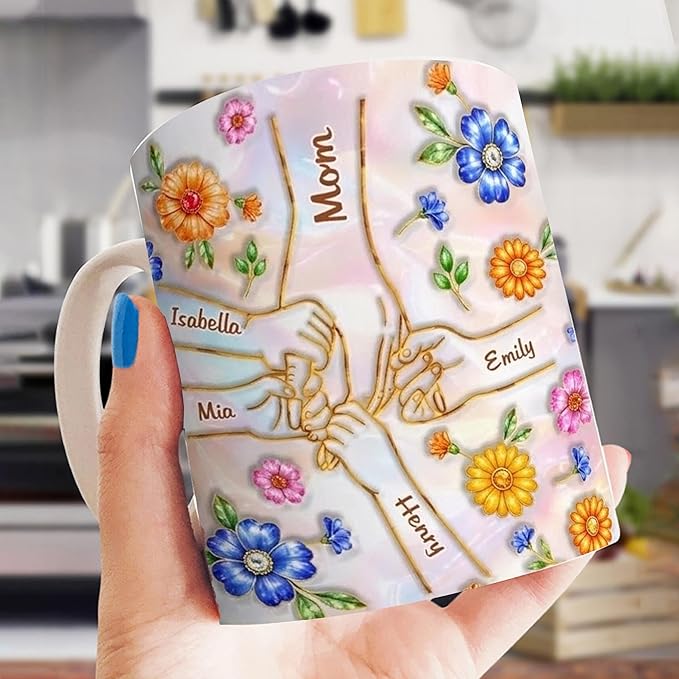 LOVELYPOD Personalized Mom Coffee Mug With Kids Names, You Hold Our Hands Also Our Hearts Mug, Coffee Cup for Mom, Mothers Day Mugs, Custom Mama Gifts, Customized Mothers Day Gifts 02