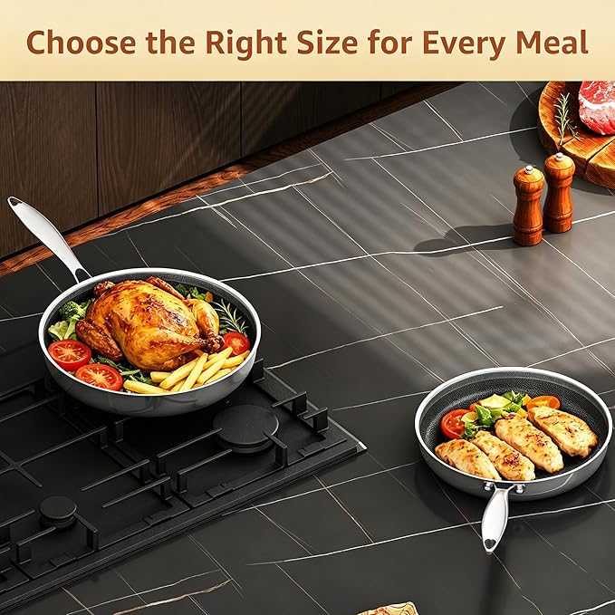LOLYKITCH Frying Pan Set Nonstick10/12 Inch Stainless Steel Skillet with Detachable Handle and Glass Lids, Induction & Oven Safe, Professional Non-Toxic PFOA Free Pans for Everyday Cooking