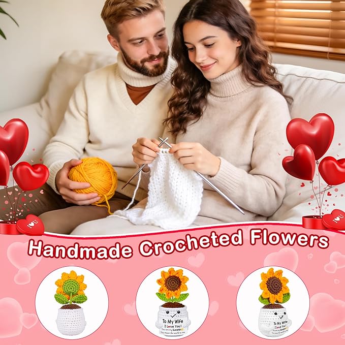Qunland Mothers Day Her Gifts for Wife from Husband, to My Wife Handmade Crochet Sunflower Doll, Mother's Day Anniversary Wedding Birthday Gifts for Women Her, I Love You Romantic for Wifey