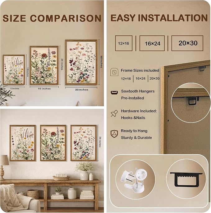 WRFON Botanical and Flower Canvas Wall Art, Framed Wildflower Wall Art Set of 3, Vintage Meadow Flower Canvas Prints, Cottagecore Floral Decor for Living Room Bedroom Bathroom Farmhouse Home, 20x30