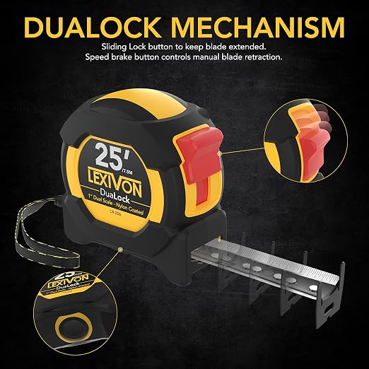 LEXIVON 25Ft/7.5m DuaLock Tape Measure | 1-Inch Wide Blade with Nylon Coating, Matt Finish White & Yellow Dual Sided Rule Print | Ft/Inch/Fractions/Metric (LX-206)
