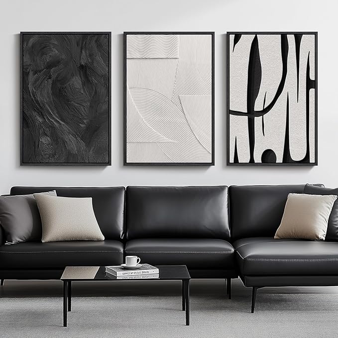 Large Framed Black and White Wall Art for Living Room, 3 Piece Abstract Canvas Prints Paintings, Modern Minimalist Artwork for Walls, Pictures Wall Decor for Office Dining Room Bedroom, 24x36 In