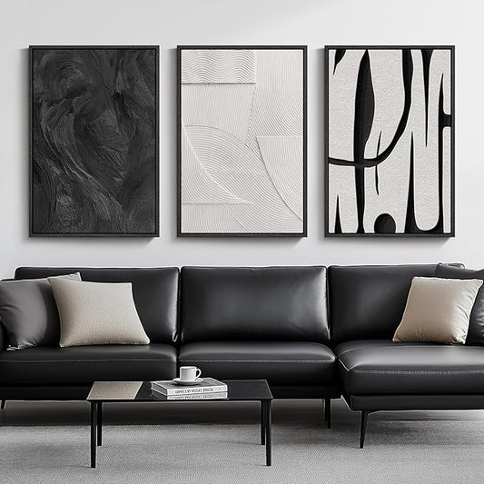 Large Framed Black and White Wall Art for Living Room, 3 Piece Abstract Canvas Prints Paintings, Modern Minimalist Artwork for Walls, Pictures Wall Decor for Office Dining Room Bedroom, 24x36 In