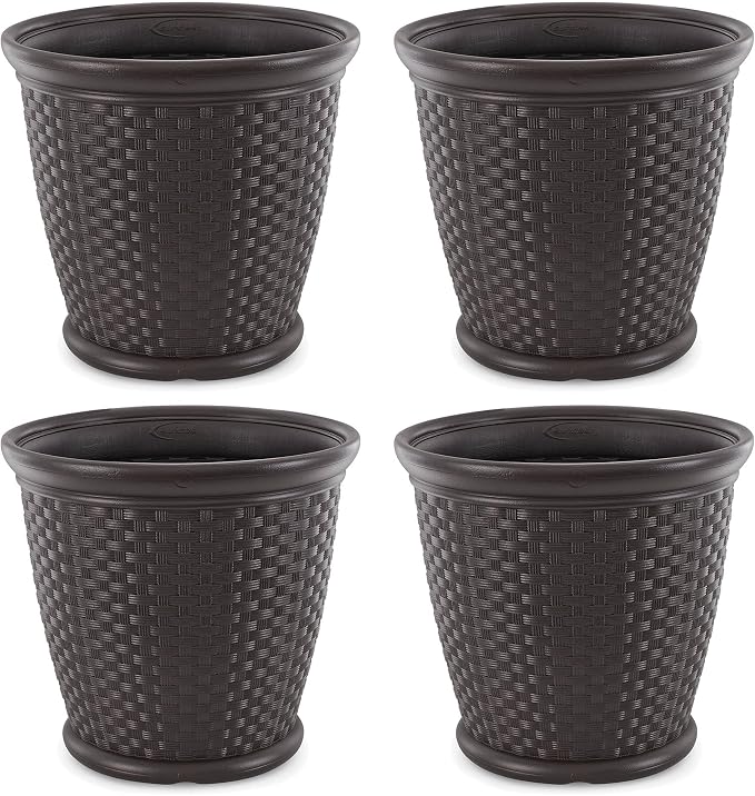 Suncast Sonora 4 Pack 22 Inch Plastic Wicker Indoor or Outdoor Decorative Garden Flower Planter for Entryways, Porch, and Backyard Patios, Dark Brown