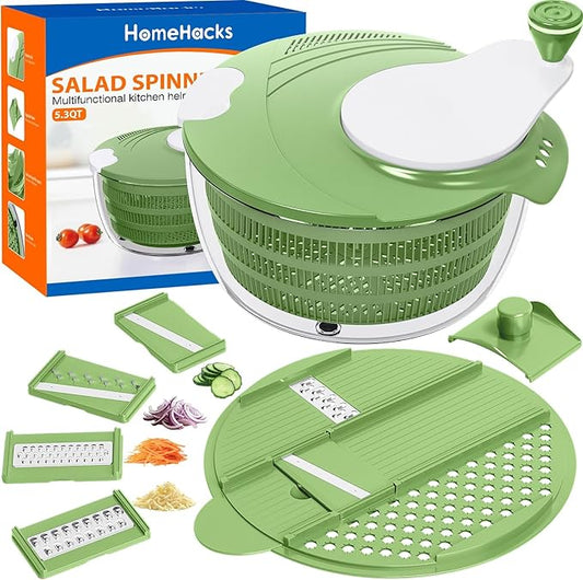 HomeHacks Salad Spinner Large Lettuce Spinner, Large Fruit Cleaner with Double Drainage Holes, 5 Chopping Blades, High Efficiency for Kitchen Washing & Drying Leafy Vegetables, Easy Press (Green)