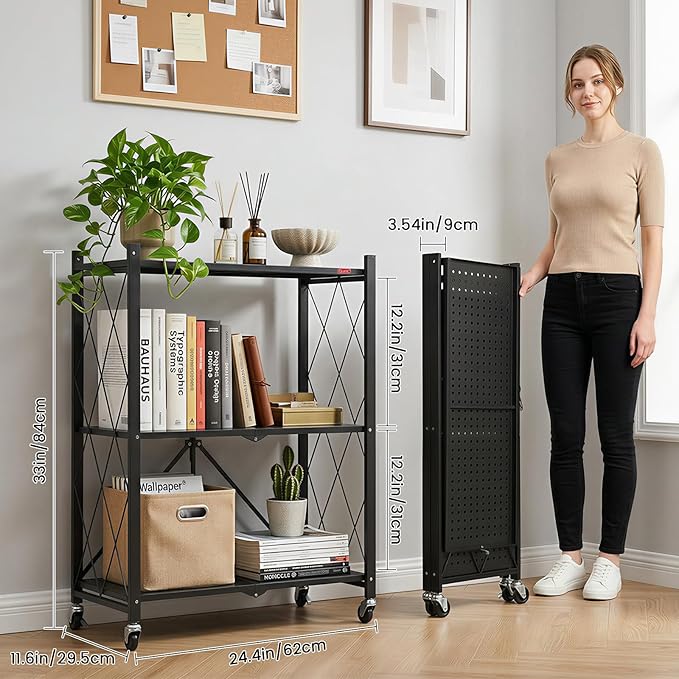 DEANIC 3 Tier Foldable Storage Shelves with Wheels, Kitchen Appliance Stand, Freestanding Metal Wire Shelf Rack, No Assembly Organizer Rolling Cart for Garage, Basement, Pantry (Black)