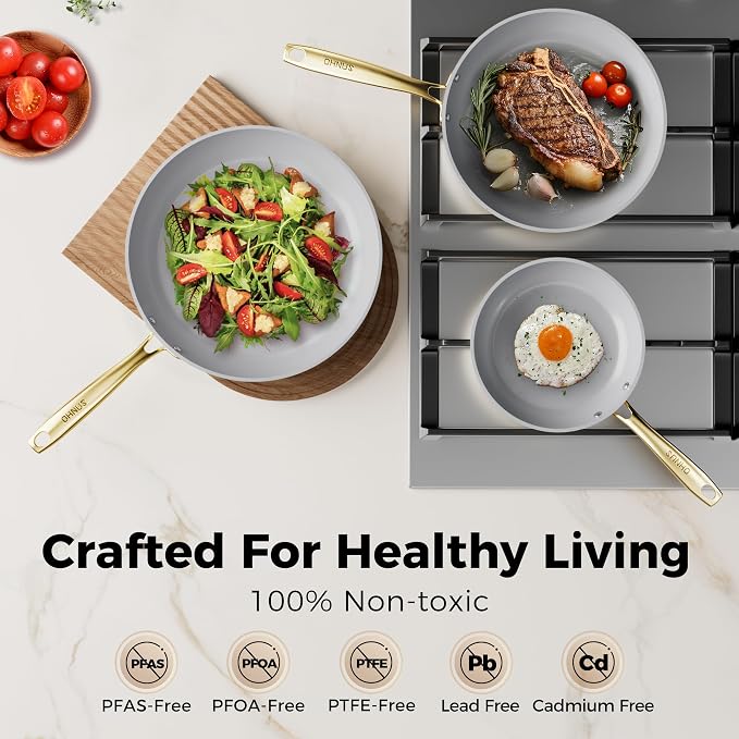 Sanho Ceramic NonStick Frying Pan-8, 10 & 12 Inch Frying Pans Skillet, Non Stick Egg Pan with Cool Touch PVD Handle for Induction, Dishwasher & Oven Safe, PTFE & PFOA Free, Non Toxic for Cooking